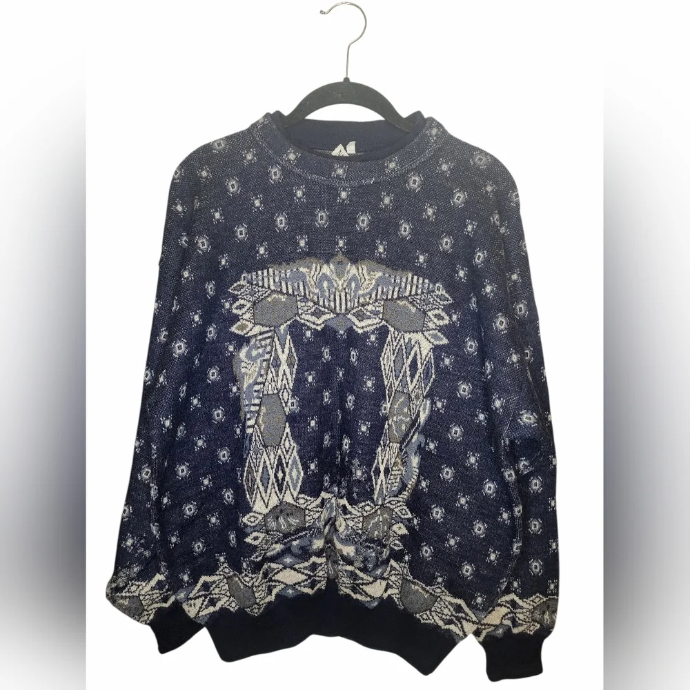 NANI BON of Italy Vintage Navy Blue Abstract Knit Mock Neck Wool Blend sweater L